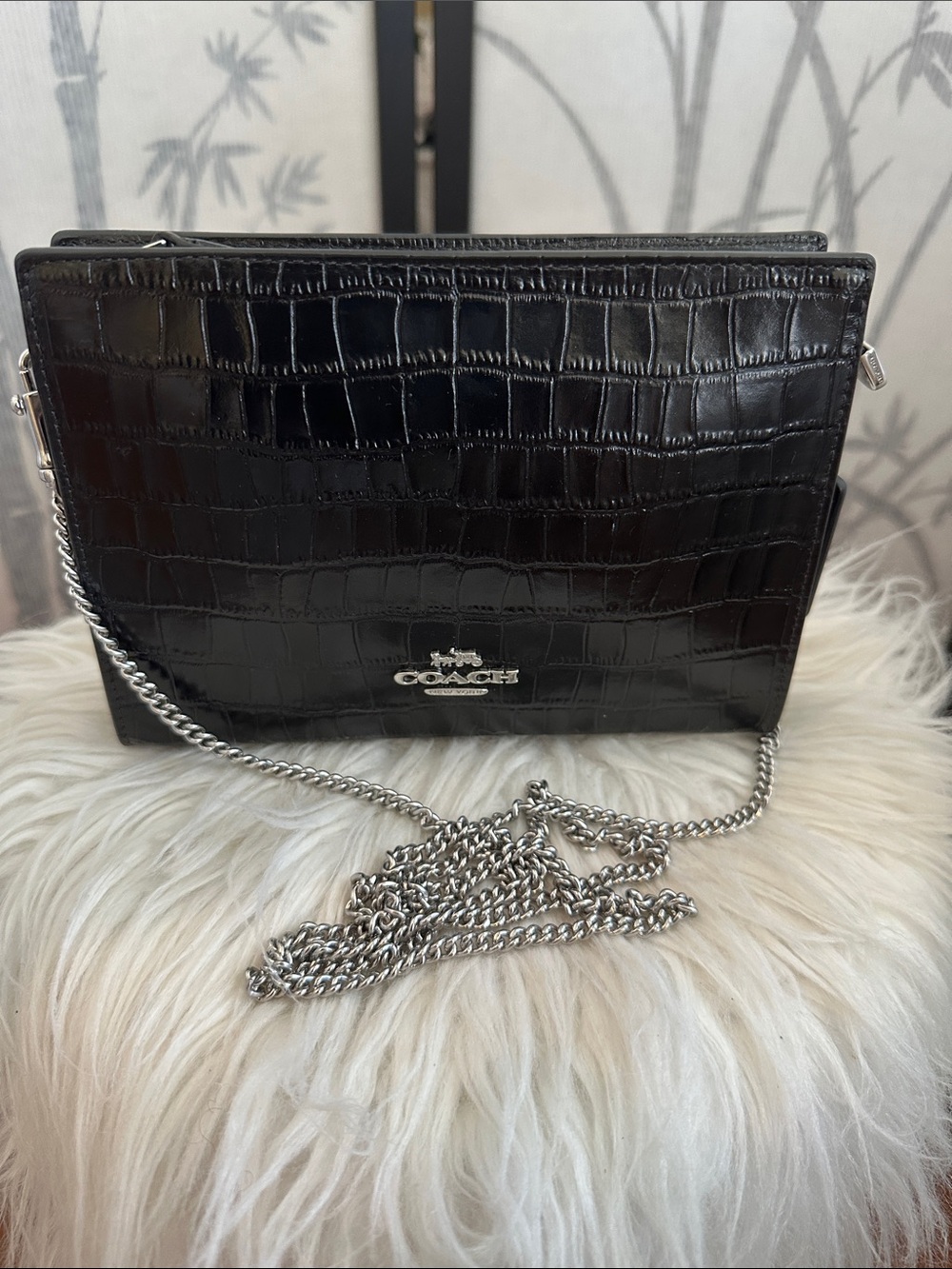Coach Black Croc-Embossed Leather Chain Shoulder Bag with Silver Hardware